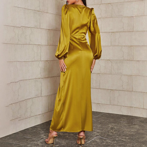 Vestido Largo Amarillo de Satén con Cuello en V, Abertura Lateral, Cintura Alta y Mangas Abullonadas, Vestido de Noche con Ajuste Cómodo - Product Image 3