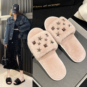 Nuevas Pantuflas de Felpa con Diseño de Estrella y Diamante, Punta Abierta, Personalizables, para Mujer, Interior y Exterior - Product Image 1