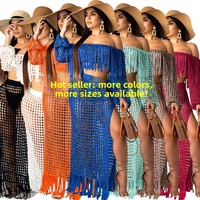 Meilleure Vente Nouveauté Été Ensemble Deux Pièces Long en Polyester Uni Évidé Sexy Chic Élégant en Maille Transparente à Franges pour Femme