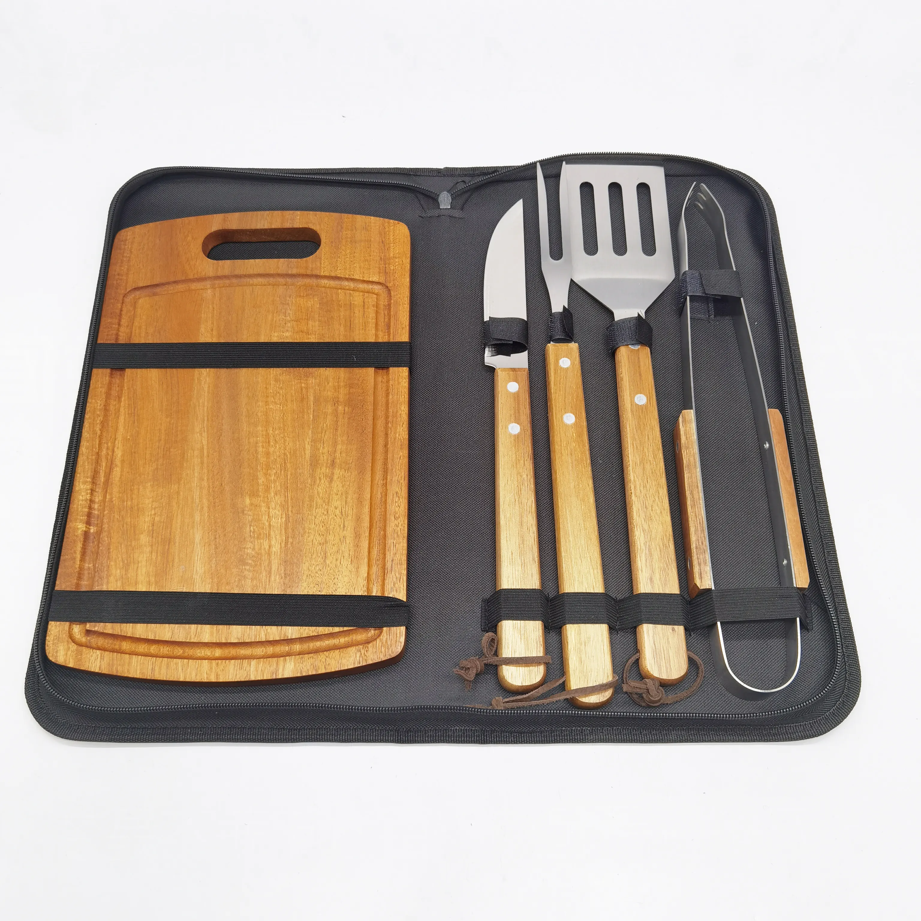 Wooden Handle Cooking Tongs Barbeque Tool Set Grilling Tools Stainless Steel Barbecue Bbq Tools Set With Cutting Board