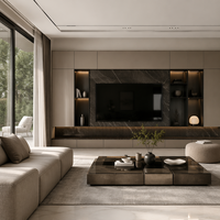 Meuble TV haut de gamme contemporain beige mat sans poignée, intégré, pour appartement, support pour projets professionnels