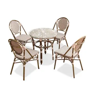 Muebles de Jardín de ratán blanco para exteriores, silla de comedor de bambú, conjunto de mesa y silla de café