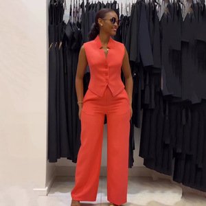 Completo estivo due pezzi europeo-americano, arancione accattivante, vestibilità ampia, taglie forti, senza maniche, pantaloni a gamba <span class=keywords><strong>larga</strong></span> - Product Image 3