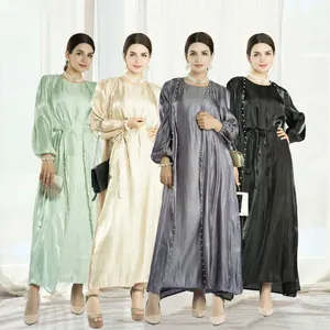 Islamic clothing Arabic clothes 2 pieces modest set dress arab abaya front open beading bubble sleeve Arabian Muslim women dress