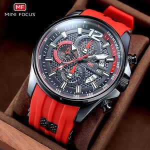 Montre rouge MINI FOCUS pour homme, montre-bracelet à quartz chronographe de luxe tendance avec bracelet en silicone, aiguilles lumineuses, date, étanche 0350 - Product Image 3