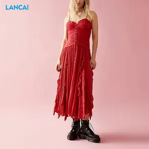 红色褶裥长裙，带褶边和高腰围a线Oem无袖夏装纯色吊带长裙