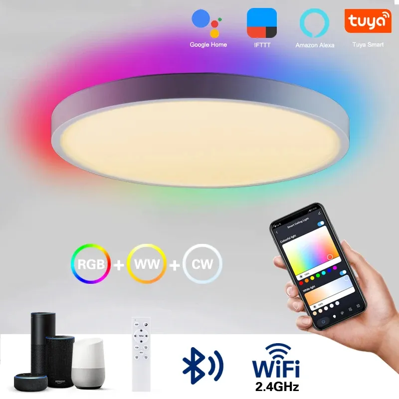 Lampu LED Bluetooth, kamar mandi dapur tahan air lampu langit-langit LED musik Speaker Bluetooth fcul disetujui 18W Diameter emas LED lampu berubah warna
