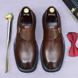 Chaussures habillées décontractées montantes pour hommes en cuir véritable de haute qualité, style rétro britannique, à bout pointu, semelle épaisse, à enfiler avec bride à boucle - Product Image 5