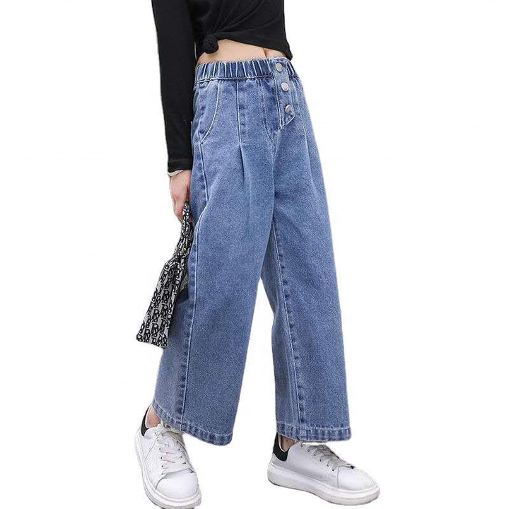 Jean Baggy MEILONGER Fille - Taille Haute, Jambes Larges Et Trous Déchirés - 55% Coton - Tailles 8-16