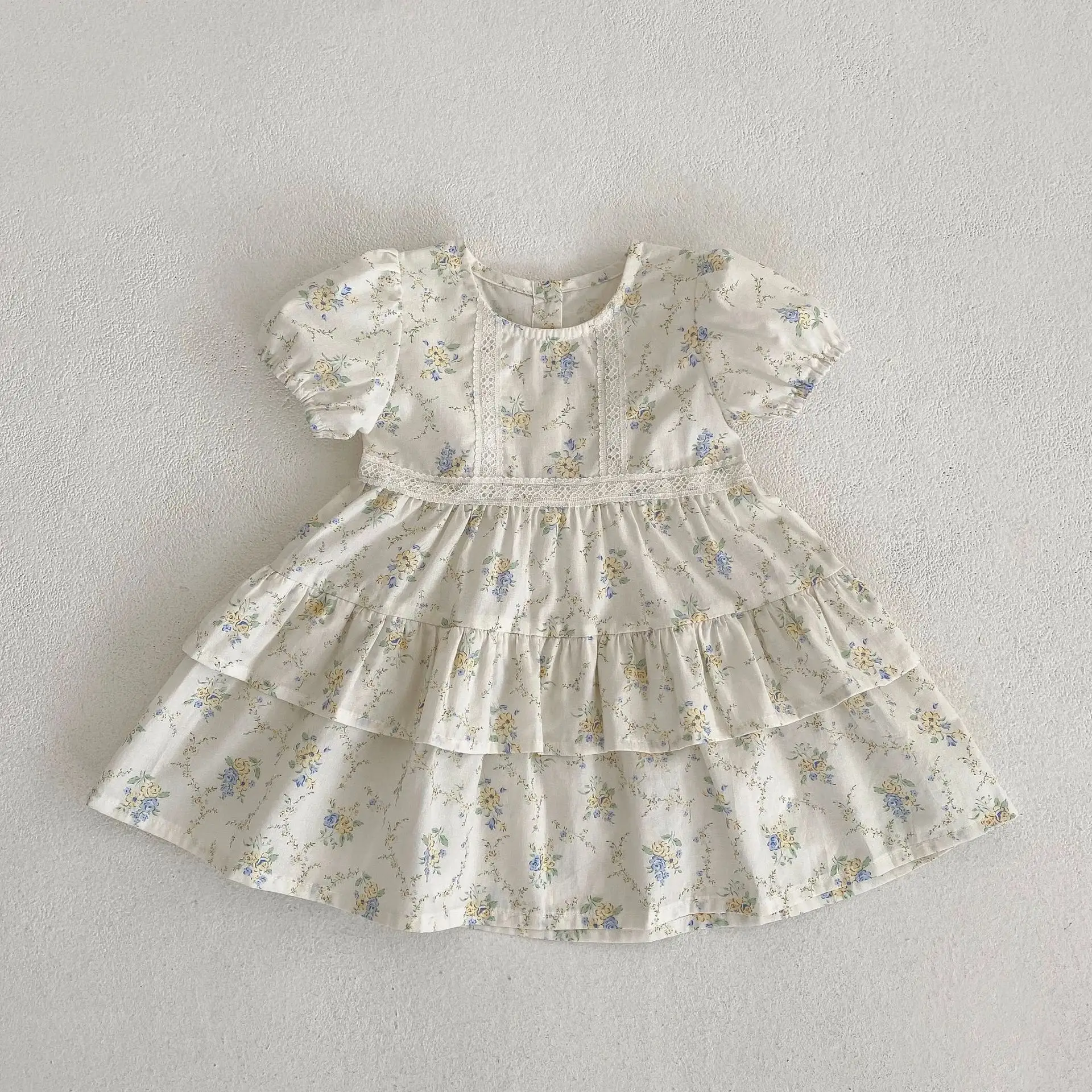 Kids Girls Floral Princess Dress 2024 Summer Children Baby Bubble Sleeve Cake Dress Lace Fairy Dress
