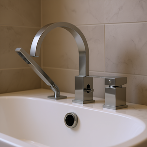 Grifo de Bañera Romano con Ducha Manual, Montaje en Cubierta, Cascada, 3 Orificios, Cromado, Diseño Moderno - Product Image 2