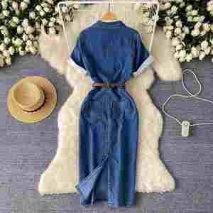Vestido Maxi Casual de Mezclilla para Mujer, Elegante, Tejido, Transpirable, Ecológico, Antiestático, con Cuello Polo, Lazos y Abertura, Corte Ajustado, Estilo Imperio, para Verano - Product Image 4