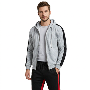 Veste de survêtement zippée à capuche pour homme, noire, avec empiècements aux manches, longueur intégrale, décontractée, pour l'hiver, respirante, 100 % coton, coupe-vent - Product Image 1