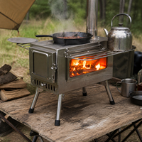 Poêle de camping en acier inoxydable pour tente chauffée, avec grande fenêtre de visualisation, à bois, avec plaque de cuisson amovible et pieds pliables