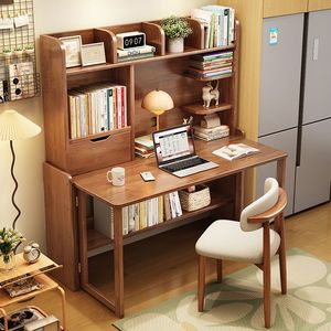 <b>Solid</b> <b>Wood</b> Foldable <b>Desk</b> With Bookshelf Integrated Study Table For Home Office Bedroom Computer Use Minimalist Modern Style - Product Image 1