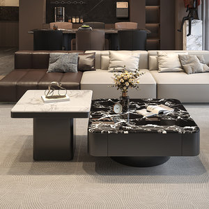 Ensemble table basse et meuble <span class=keywords><strong>TV</strong></span> de luxe minimaliste, plateau en pierre frittée (motif pierre noir-blanc) et armoire en bois - Product Image 2