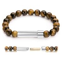 Bracelet en perles de pierre naturelle agate œil de tigre avec tube en acier inoxydable, message personnalisé, bracelet à perles réglable