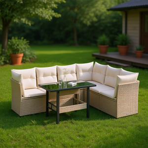 Conjunto de sofá de jardín de ratán beige con estructura de acero y vidrio templado, muebles de exterior para uso en jardín, 6 plazas, estilo contemporáneo. - Product Image 2
