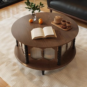 Retro Solid Wood <b>Coffee</b> <b>Table</b> Round With Storage For Living Room Home Use <b>Small</b> Apartment Style - Product Image 5