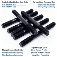 Grade 8.8 Carbon Steel Double End Stud Bolt, M10 M12 M16 M20 Threaded Rod for Flange & Pipe Connection