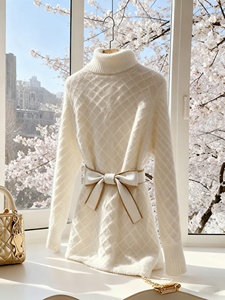 เสื้อสเวตเตอร์ถักมือทรงยาวสำหรับผู้หญิง สีขาว คอเต่า ดีไซน์เก๋ ดูหรูหรา สวมใส่สบาย เหมาะสำหรับวันสบายๆ หรือวันทำงาน ลายสก็อต พร้อมเข็มขัดโลหะ - Product Image 2