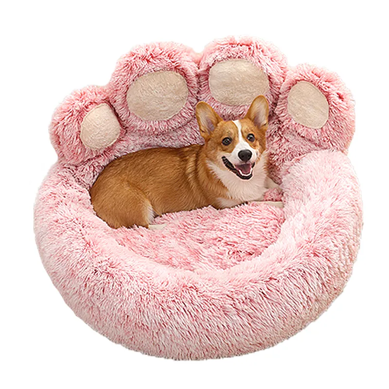 Tempat tidur anjing lucu merah muda bulat menenangkan bentuk kaki hewan peliharaan bulu besar tempat tidur anjing donat lembut nyaman dan nyaman