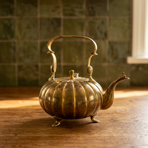 Vintage Brass Pumpkin Shape Tea Kettle With <b>Lid</b> And Handle Metal Water <b>Pot</b> - Product Image 3