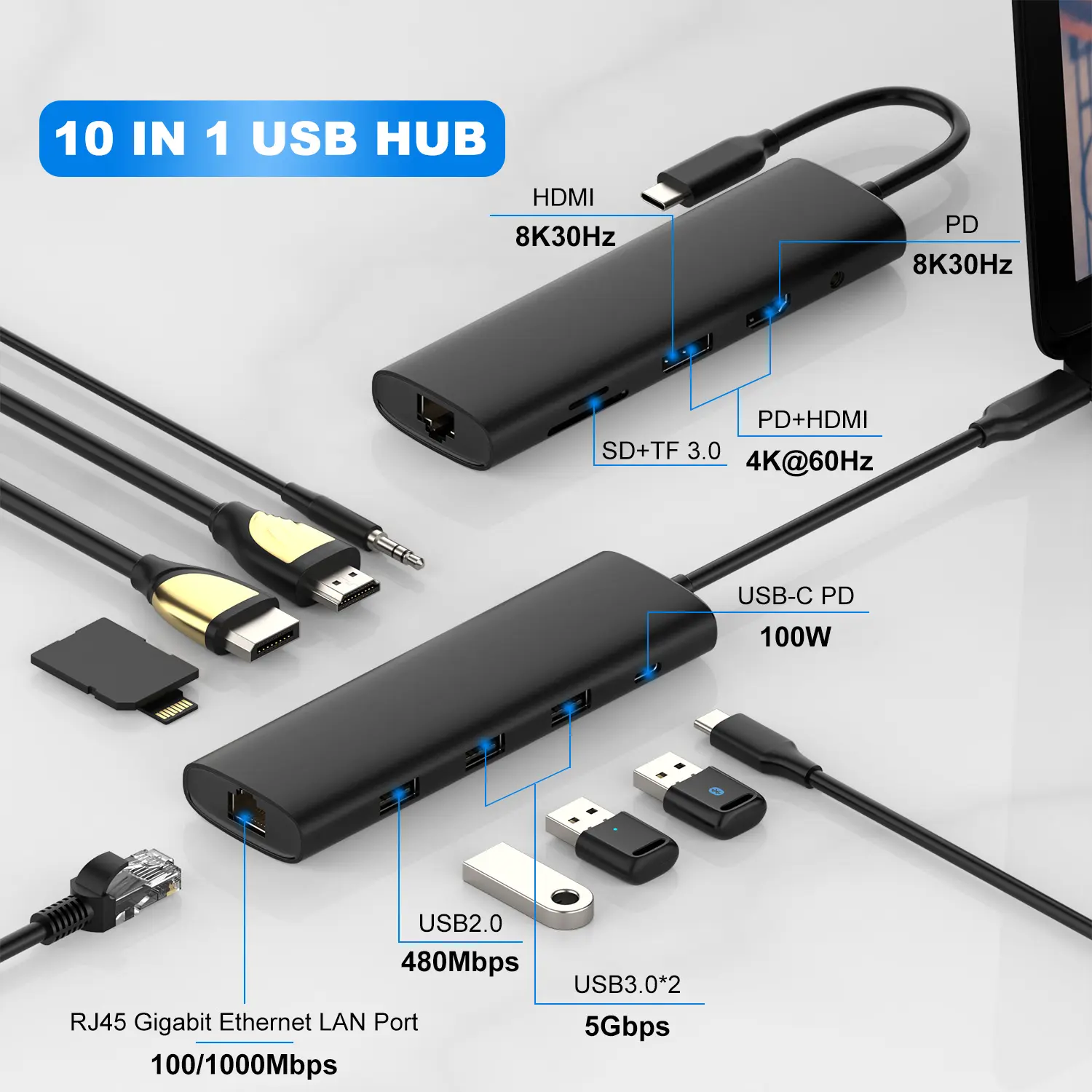 Oem odm 2 usb tipo c tf sd hd-mi 2.0 pd 100w multifuncional suporte de expansão mais simples 10 em 1 tipo-c hub adaptador de ancoragem para mac