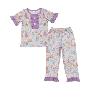 Licorne arc-en-ciel coeur imprimé filles pyjamas ensemble de vêtements RTS vente en gros enfant Boutique bébé filles mignon ensemble de vêtements