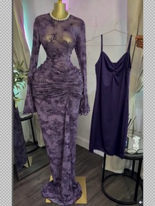 2026 Printed Long-Sleeved Ruffled Sexy Sheer Dress Set of 2 Including Undergarment - Product Image 4