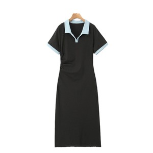 เดรสโปโลคอปกสีตัดต่อสไตล์มินิมอลสำหรับผู้หญิงไซส์พลัส ดีไซน์สีพื้นตัดกัน เอวทรงธรรมชาติ - Product Image 2