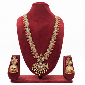 Traditional South <b>Indian</b> Temple Long Bridal Necklace Set Alloy Gold Plated Zircon Earrings Vintage Engagement Wedding - Product Image 2