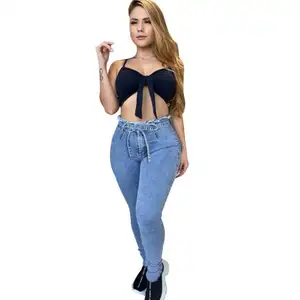Женские эластичные джинсы на молнии, голубые классические эластичные облегающие джинсы цвета индиго с высокой талией, батальных размеров