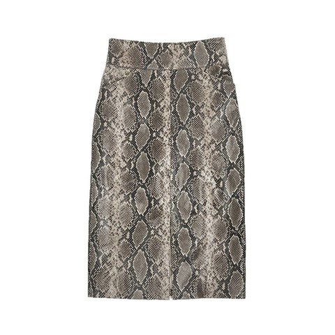 4321-1 Fashion Leather Skirt Front Slit High Waist Wrap Snake Skin Pattern Printing Genuine Sheepskin Leather Skirt for Women