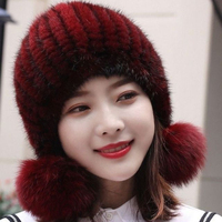 Gorro de Punto Grueso, Cálido, Cómodo y Elegante para Mujer, Hecho a Mano con Piel de Visón Auténtica, Ajustable, Ideal para Viajes y Uso en Múltiples Ocasiones
