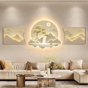 "Acqua che scorre porta ricchezza" - Set di 3 pezzi con cornice in PVC, decorazione in cristallo <span class=keywords><strong>e</strong></span> porcellana, paesaggio astratto moderno, arte da parete a LED - Product Image 5
