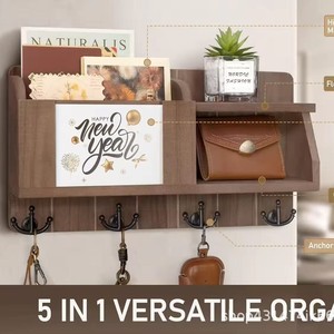 <b>Wooden</b> wall-mounted storage rack for living room, key <b>hook</b> rack, entryway, bedroom, <b>coat</b> rack, letter rack, and bag rack - Product Image 4