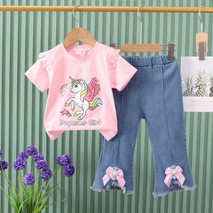 Estivo da <span class=keywords><strong>bambina</strong></span> Casual due pezzi nuovo cartone animato unicorno manica corta Bowknot <span class=keywords><strong>pantaloni</strong></span> lunghi in Denim con tessuto - Product Image 6