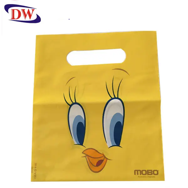 recycle yellow custom cartoon printing pe die cut handle gift carry plastic poly bag