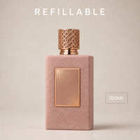 Flacon de parfum vide personnalisé 100 ml avec bouchon or rose, flacon carré en verre finition velours, vente en gros, flacon pulvérisateur rechargeable