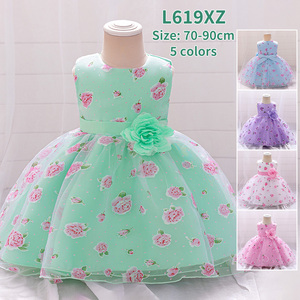Vestito da Festa in Chiffon per Neonata, Lunghezza al Ginocchio, Abito Tinta Unita con Fiori, <span class=keywords><strong>Abbigliamento</strong></span> per Bambine, Vestito da Cerimonia - Product Image 1