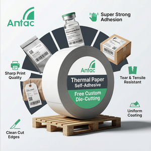 Rouleau de papier thermique industriel <span class=keywords><strong>Antac</strong></span> Label 70g DT blanc, adhésif thermofusible, taille personnalisée, forte adhérence, matières premières PET - Product Image 1