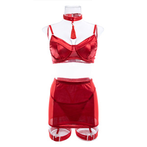 Ensemble de lingerie élégant 5 pièces en satin, comprenant un soutien-gorge push-up à armatures avec collier ras-du-cou à pampilles sexy, une jupe en résille avec string et <span class=keywords><strong>porte</strong></span>-<span class=keywords><strong>jarretelles</strong></span>, articles intimes - Product Image 6