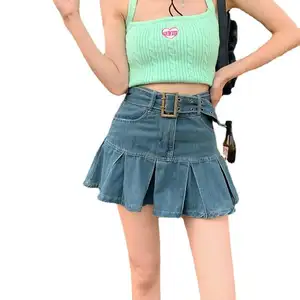 Custom Fashion Style Denim Skirt Split Pleated Mini Shorts Jean Skirt Pleated Skirts For Women