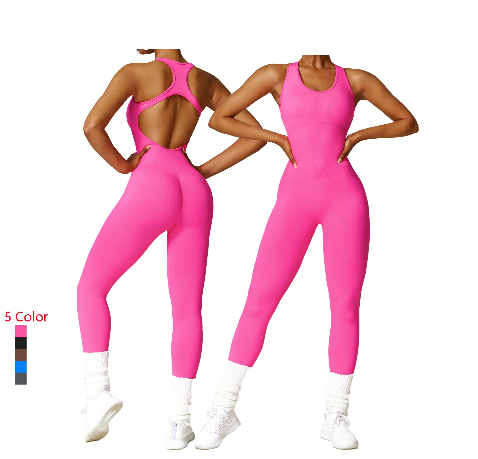Seamless Gym One-piece Bodysuit With Padded Tight U Neck Hollow Beauty Back Stretch Leggings Ribbed Casual Jumpsuits