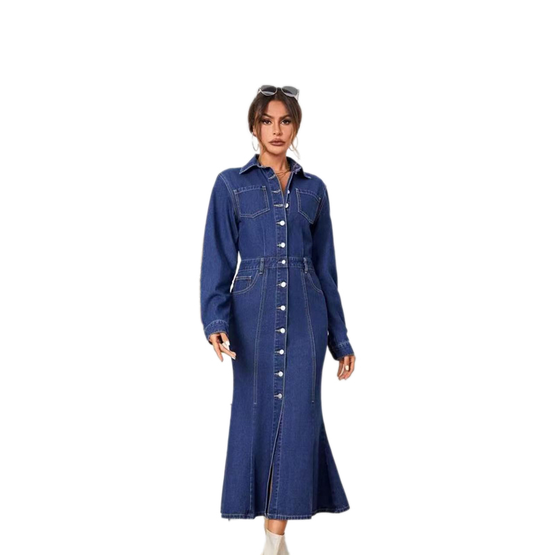 SIDEFEEL Women's Smocked 3/4 Sleeve Denim Jean Dress - Casual Button Down Stretch Mini Dress