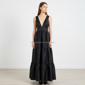 Vestido Maxi Negro Personalizado sin Mangas con Capas <span class=keywords><strong>de</strong></span> Tafetán <span class=keywords><strong>para</strong></span> Mujer, Vestidos Formales <span class=keywords><strong>para</strong></span> Galas - Product Image 3