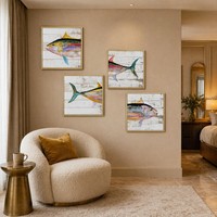 Lot de 4 tableaux muraux en aquarelle encadrés or, thème thon, peinture côtière océanique, décoration nautique de luxe pour maison de plage, cuisine à thème fruits de mer