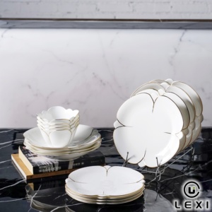 Service de vaisselle en porcelaine blanche avec bordure dorée de luxe Lily Design pour mariage, <span class=keywords><strong>restaurant</strong></span>, fête - Product Image 2