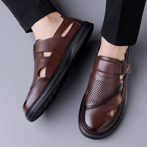 Men's Genuine Leather Solid Pattern Flat Sandals Open Toe <b>Hook</b> Loop Casual Summer Breathable Rubber Outsole Outdoor <b>Shoes</b> - Product Image 3